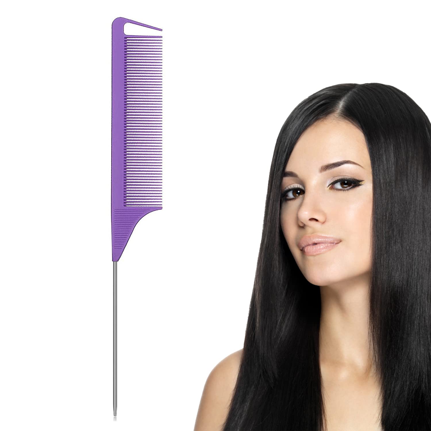BOORIKA Pin Tail Comb, Rat Tail Comb 100% Anti-static, Heat resistant, Lightweight, Durable with anti-skid paddle and Stainless-Steel Pintail for All Hair Types (Purple)