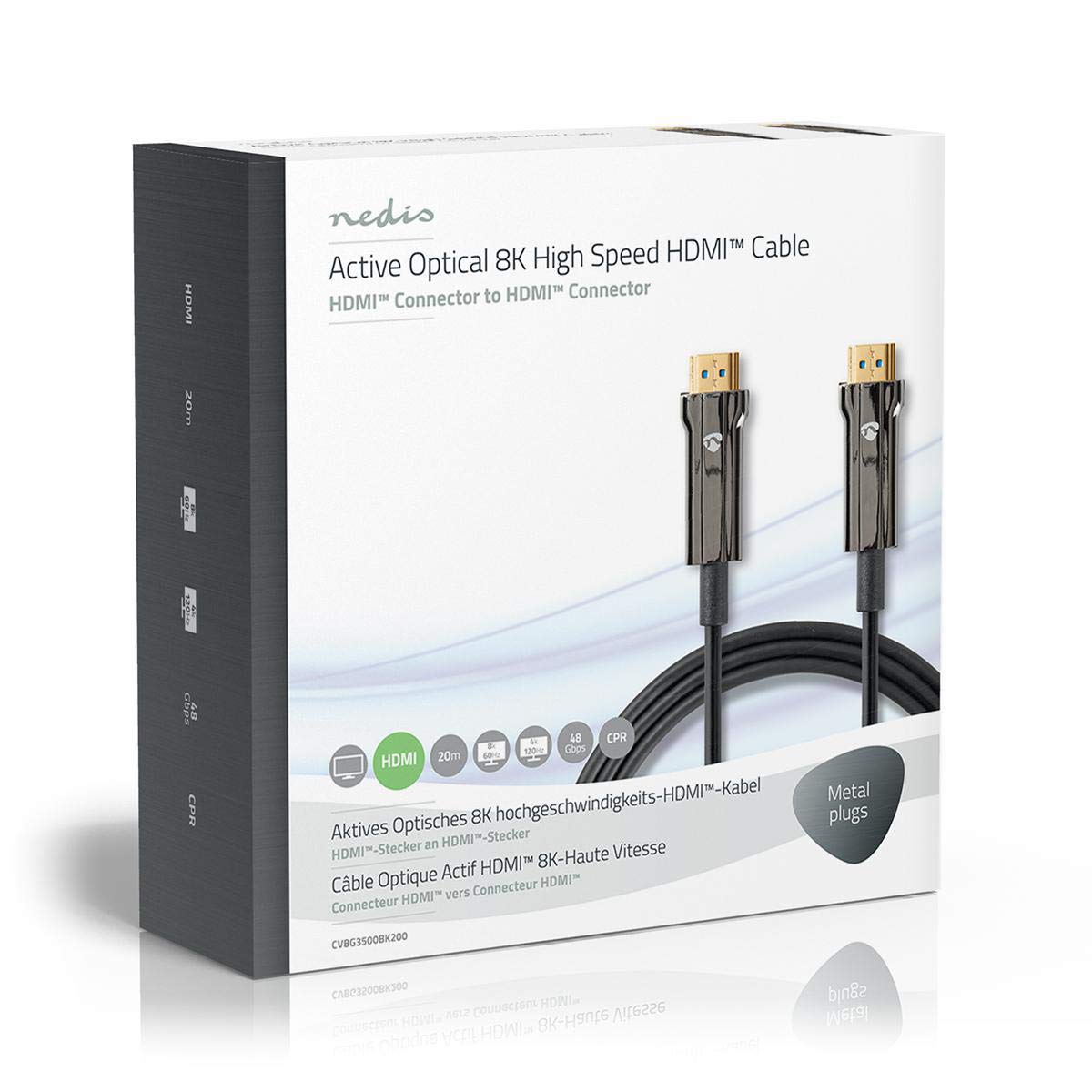 NEDIS Cavo in fibra ottica HDMI AOC da 20 m, cavo HDMI 2.1 48 Gbps ad altissima velocità, a parete, supporta 8K a 60Hz, 4K a 120Hz/144Hz HDR dinamico eARC HDCP CEC Dolby HDCP2.2