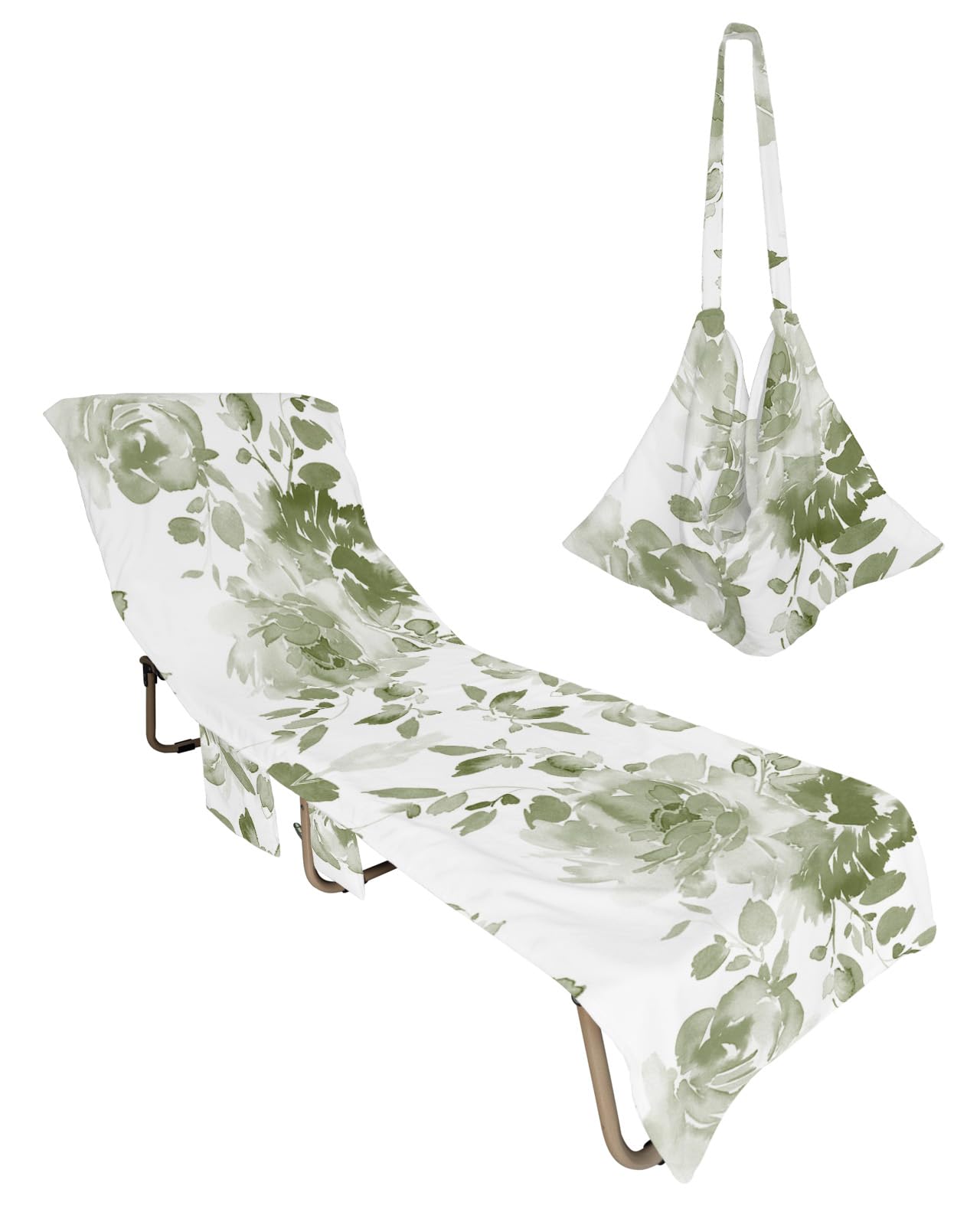 Sage Green Botanical Beach Lounge Chair Towel Cover, Soft Chaise Lounge Towel with Side Pockets Patio Pool Chairs Cover for Beach/Pool Sunbathing 29x85 Watercolor Spring Floral Abstract Art