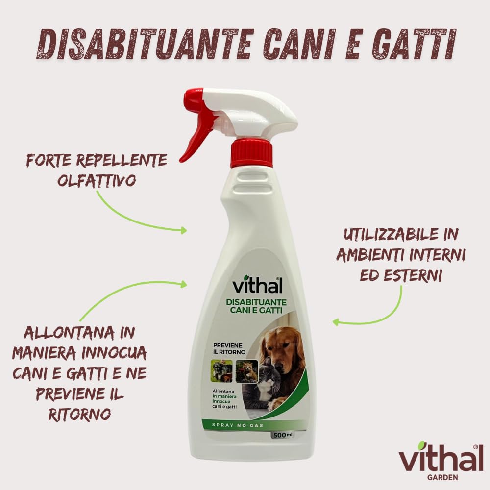 VITHAL Repellente per Gatti e Cani - Spray Liquido 500ml, Disabituante Gatti e Cani, Anti Urina Anti Graffio, Ideale per Tutte le Superfici, Interni ed Esterni, Adatto per Cuccioli e Adulti