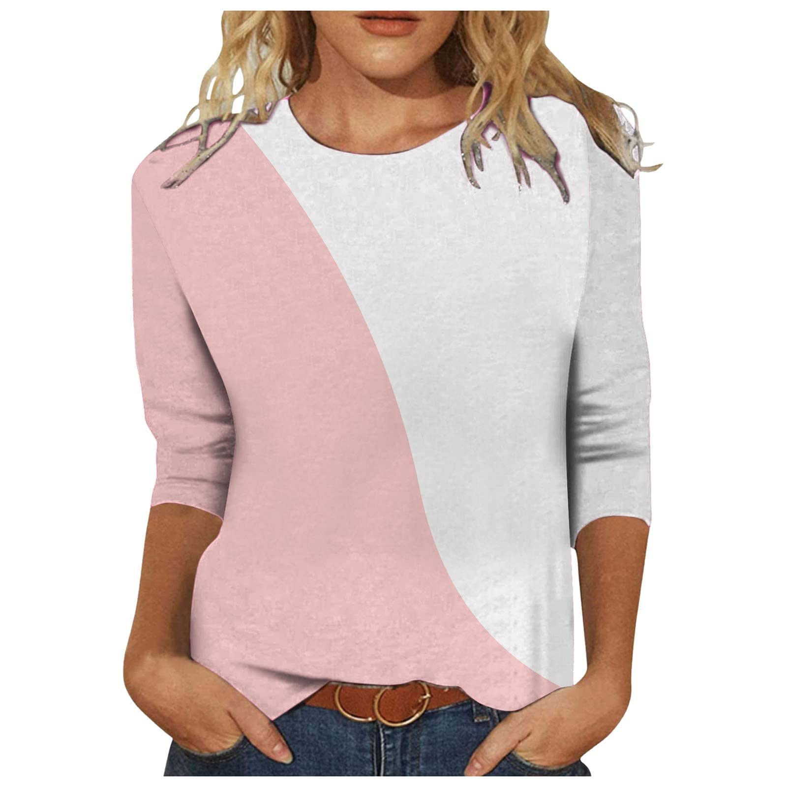 Seventh Sleeve Shirts for Women Crew Neck Cute Print Tees Blouses Casual Plus Size Basic Tops Pullover Clothes