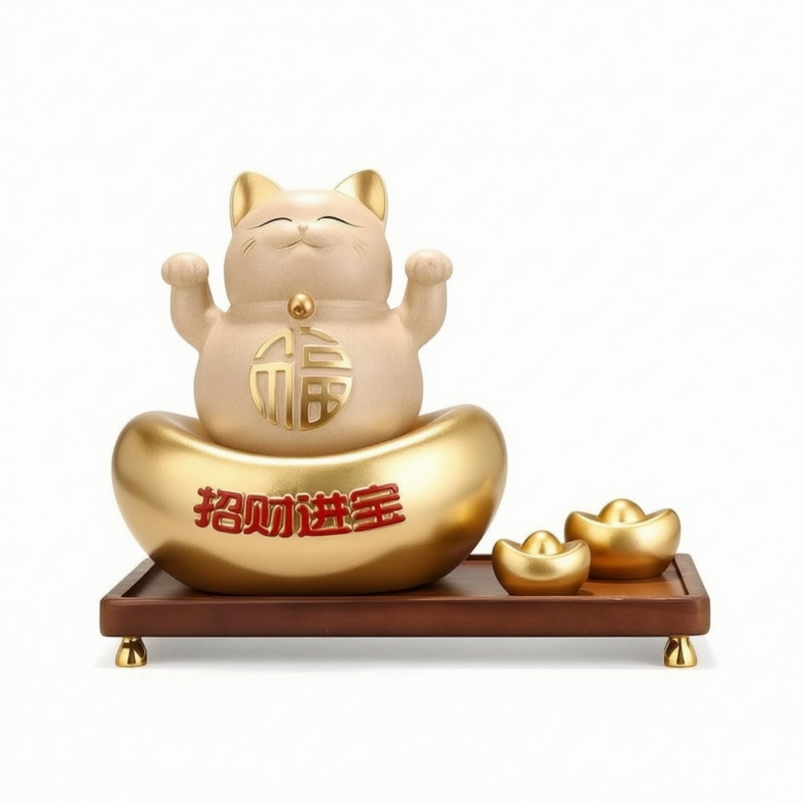 Figurine Décorative en Résine Chat Porte- Neko Statue Sculpture Ornement et Pieds Métal Doré Caractère Chinois en Relief Adaptée à Bureau Réception Plan de Travail, Crème De Café
