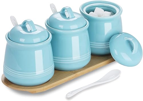 HAOTOP Juego de 3 tarros de condimentos de porcelana con bandeja, 12 onzas, turquesa