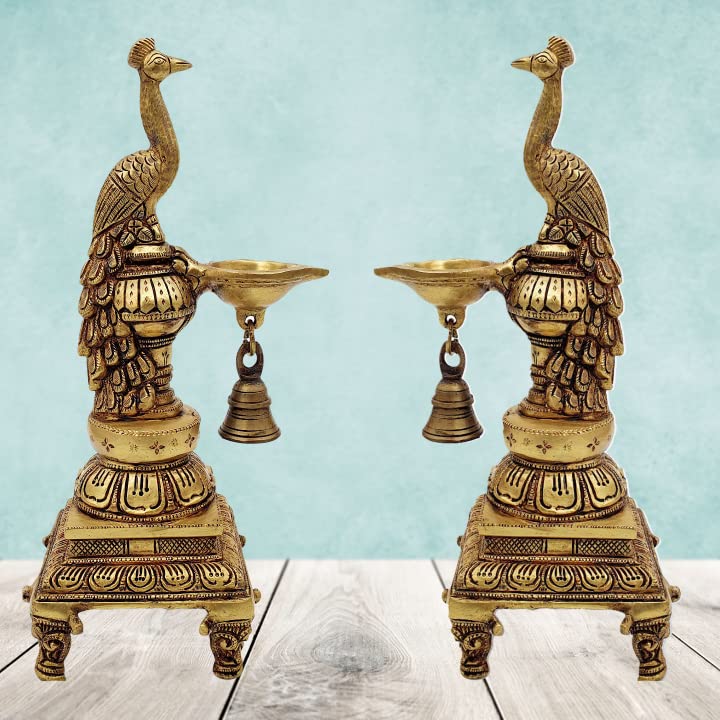 Mohan Jodero Brass Peacock Deepak/Diya with Bell for Pooja,Temple & Home Decoration (Set of 2)