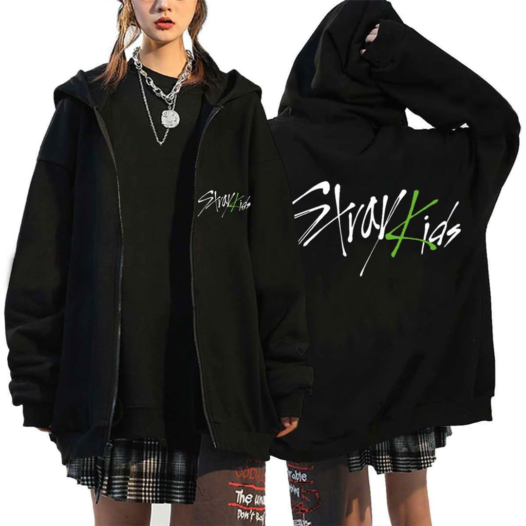 KPOP Stray Kids Sudadera para Mujer y Niñas Y2K Zip Up Hoodie Chaqueta E-Girl 90s Streetwear Sudadera de Gran Tamaño