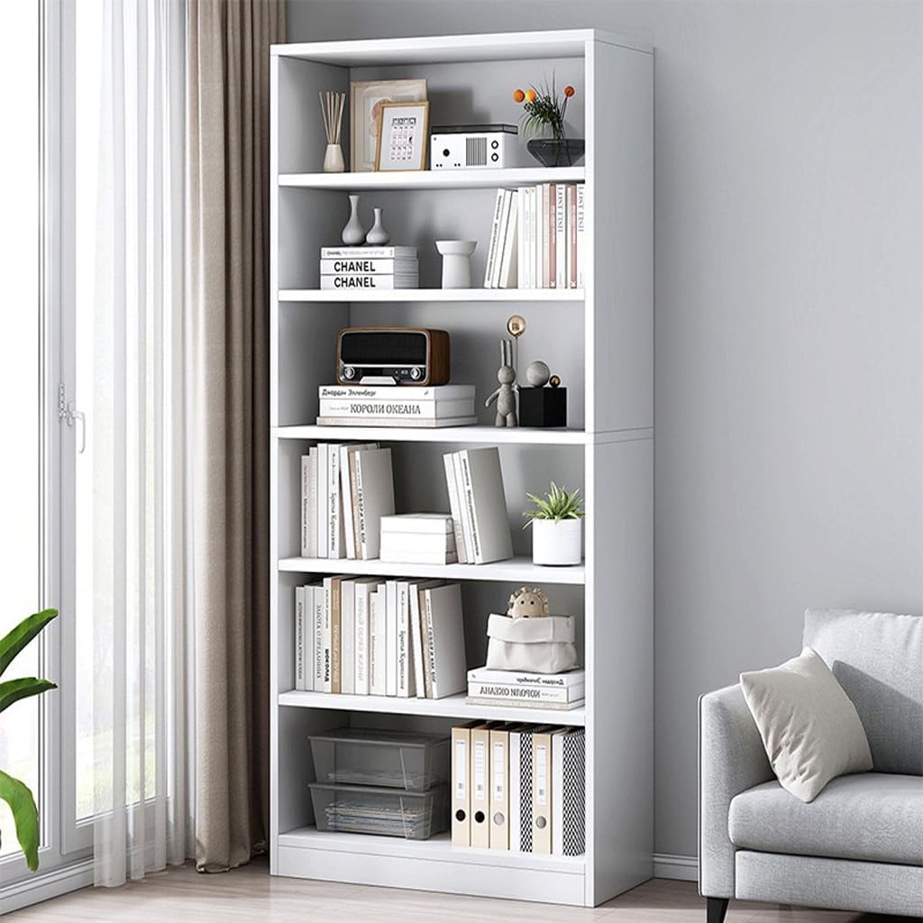 DUSALA6-Tier Open Bookcase and Bookshelf, Freestanding Display Storage Shelves Tall Bookcase for Bedroom, Living Room and Office (White, 60x30x180cm)