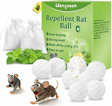 Wanqueen 8 Pack Mouse Rodent Repellent Balls, Peppermint Oil to Repel Mouse Traps & Rats, Long Lasting Protection, Safe for Pets & Kids Natural Deterrent for Home, Garage, Car