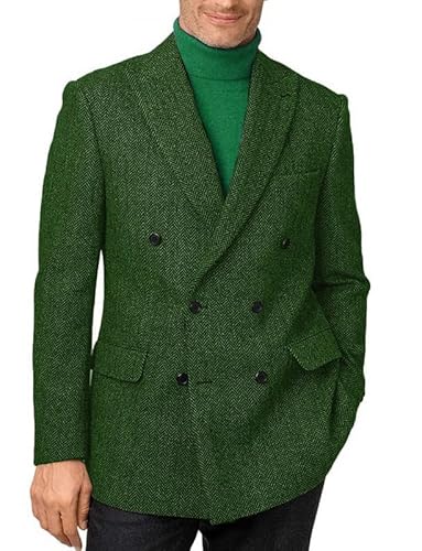 Men's Tweed Blazer Slim Fit Groom Tuxedos Herringbone Double Breasted Prom Blazer Jacket For Big And Tall Brown #TOP4