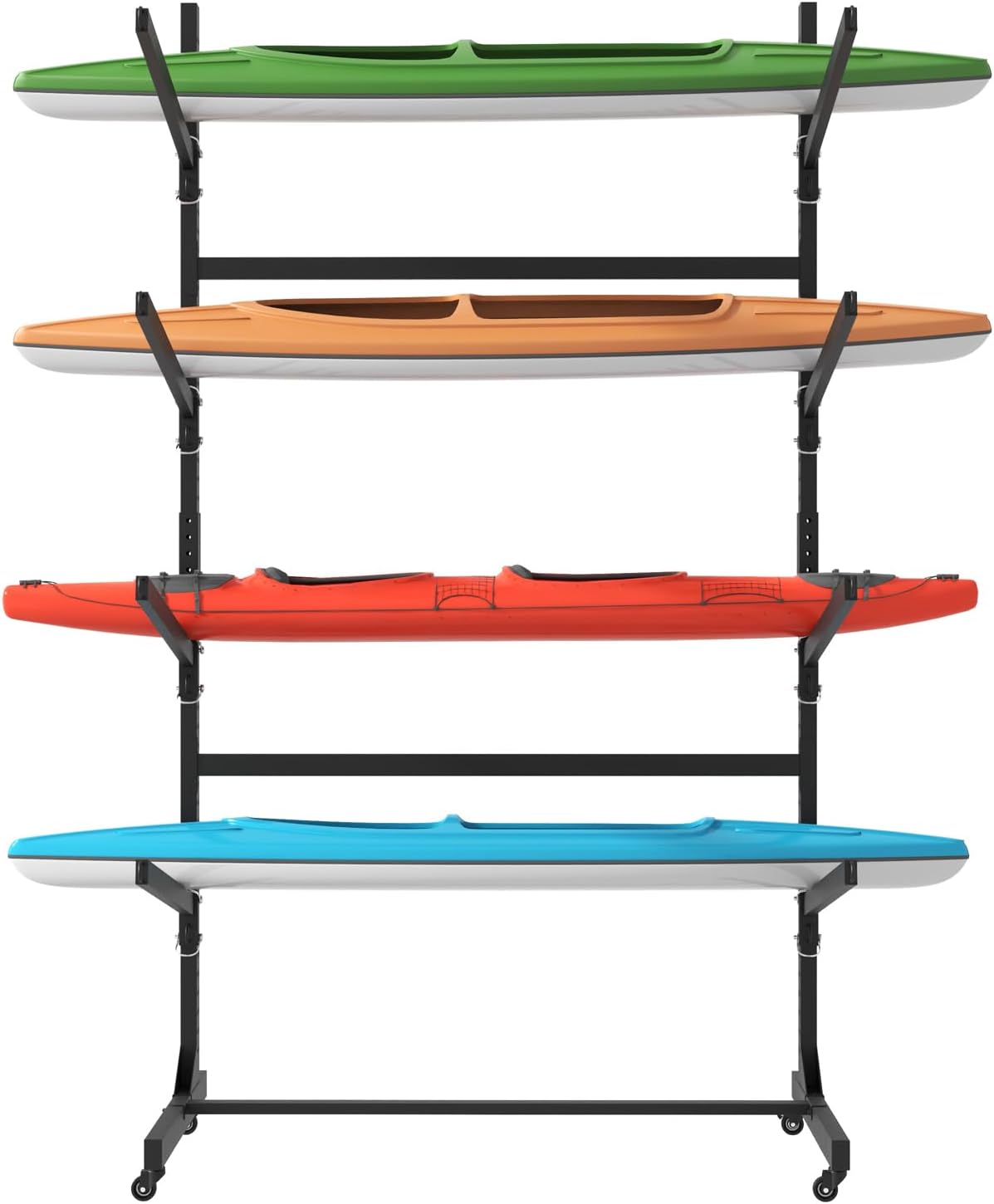Heavy Duty Freestanding Kayak Storage Rack, Adjustable Metal Stand for Kayaks, Canoes, SUPs & Surfboards with Lockable Wheels, Indoor & Outdoor Use