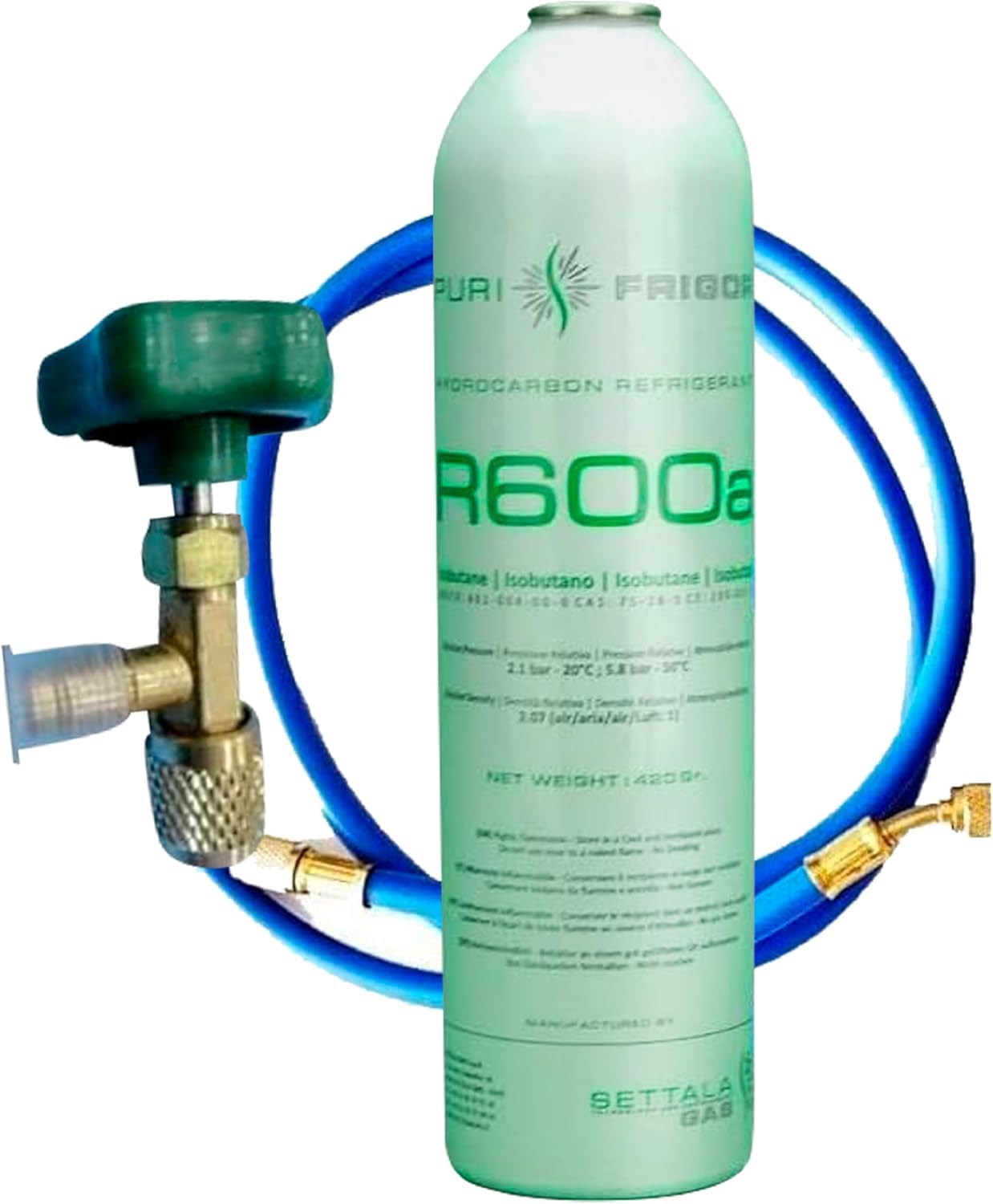 Reporshop - Kit di Ricarica Refrigerante - 1 Bombola da 420 g di Gas Refrigerante R600a - Valvola di Servizio - Tubo di Carica - Compatibile con Frigoriferi, Freezer, Armadi Freddi…