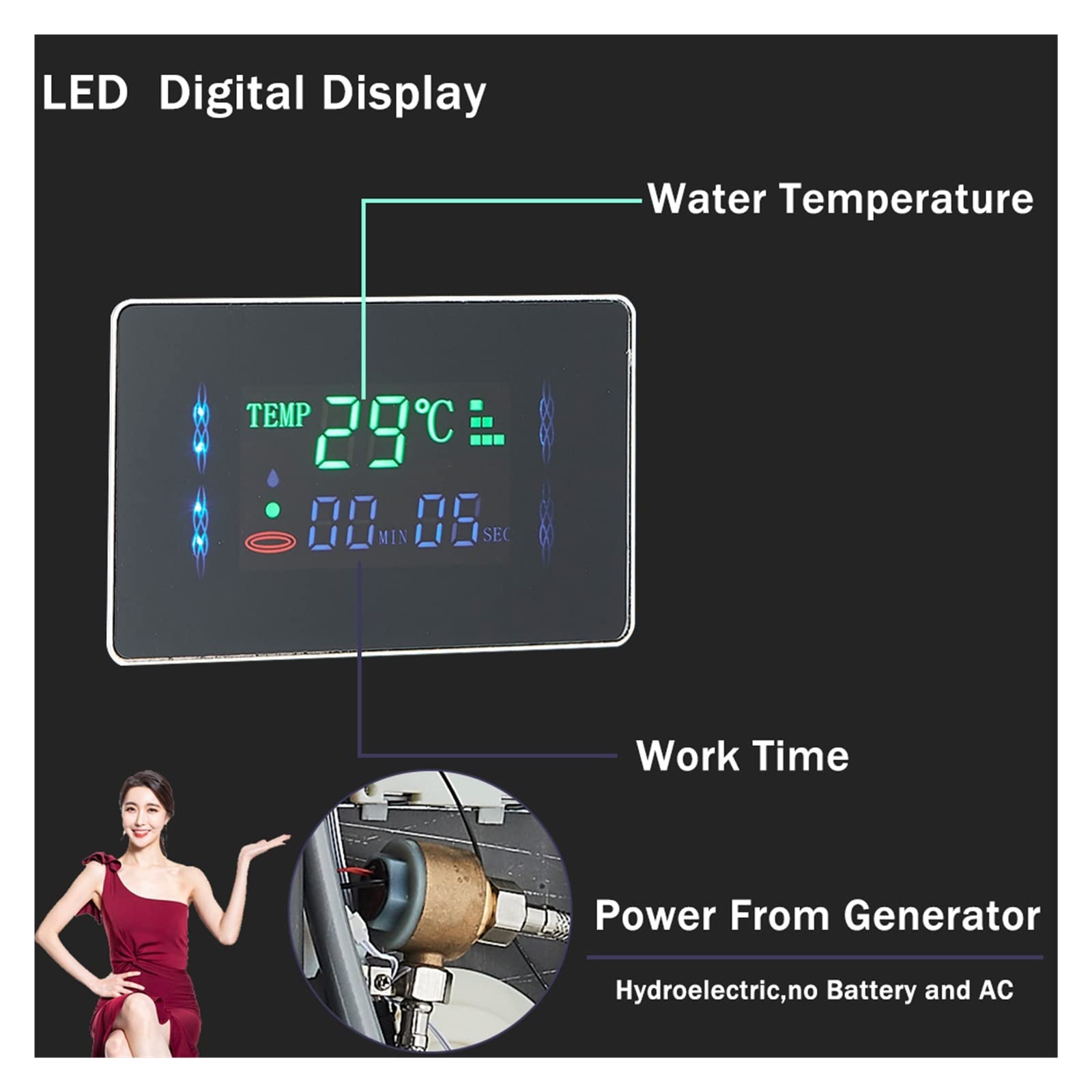 Pannello Doccia for Bagno a LED 6 modalità Colonna Doccia LCD Intelligente Sistemi for Vasca da Bagno con Cascata a Pioggia in Oro Rosa con Miscelatore a Getto massaggiante(Brushed Nickel 8007)