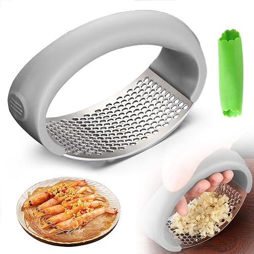 Trituradora de ajo de acero inoxidable - Prensa manual de ajo mejorada, hogar y cocina (1, gris)