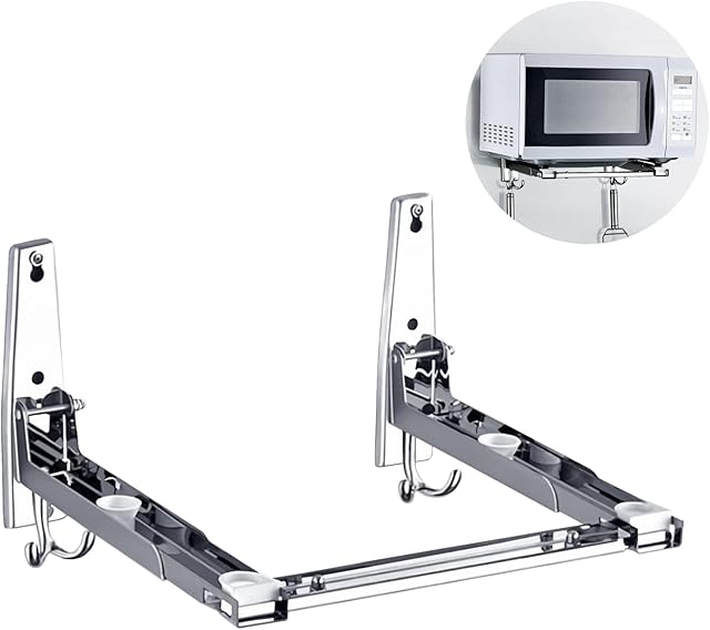 EsLuker.ly Universal Stainless Steel Microwave Oven Wall Mount Bracket with Removable Hooks, Arm Adjustable Foldable Kitchen Stretch Oven Stand Shelf Rack Load 100 lb
