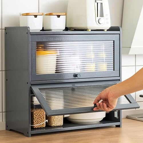 Miniatura 5 de Gdrasuya10 Estante de almacenamiento de despensa de cocina de bambú, armario de almacenamiento de despensa de 2 niveles con puertas, estante de