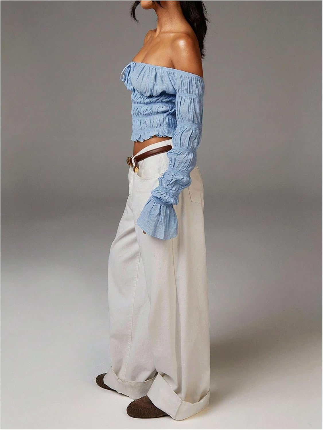 Floerns Women's Going Out Off The Shoulder T Shirts Bell Sleeve Bow Tie Ruffle Y2k Tops - Image 5