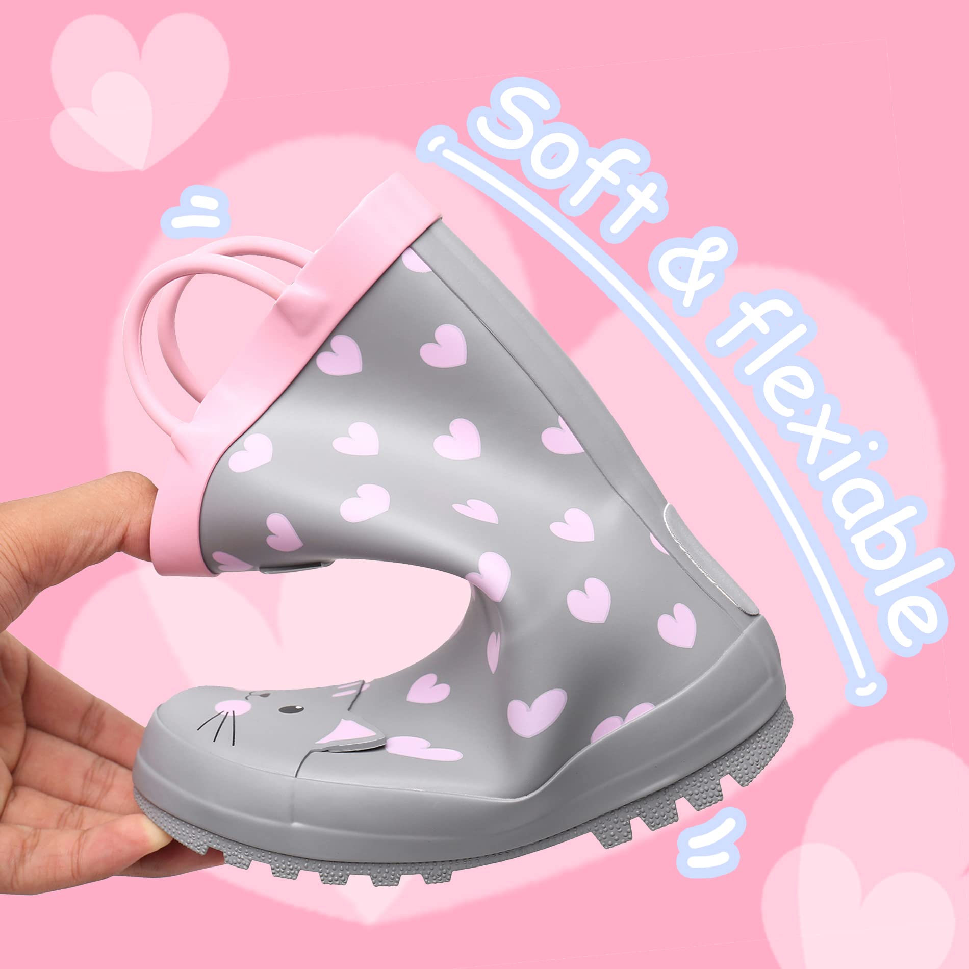 RAINANGEL Botas de lluvia para niños pequeños con asas fáciles de poner, botas de lluvia de goma impermeables para niñas y niños, en divertidos estampados y colores, unisex, botas de lluvia para