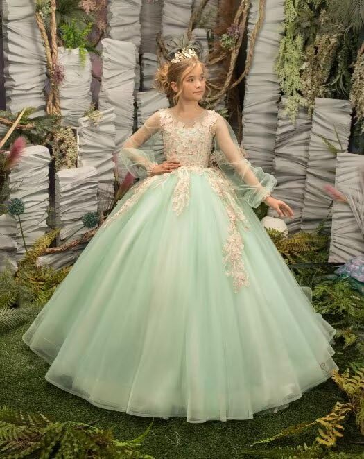 Flower Girl Dress Tulle First Communion Dress Long Sleeve Pageant Ball Gowns2