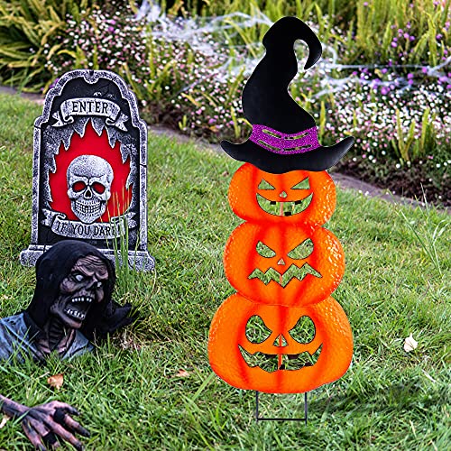 Lulu Home Halloween Yard Stake, 42" Metal Stacked Jack-O-Lanterns With Witch Hat, Halloween Pumpkin Yard Sign Stakes For Outdoor Front Yard Lawn Garden Decorations (Pumpkins) #TOP2