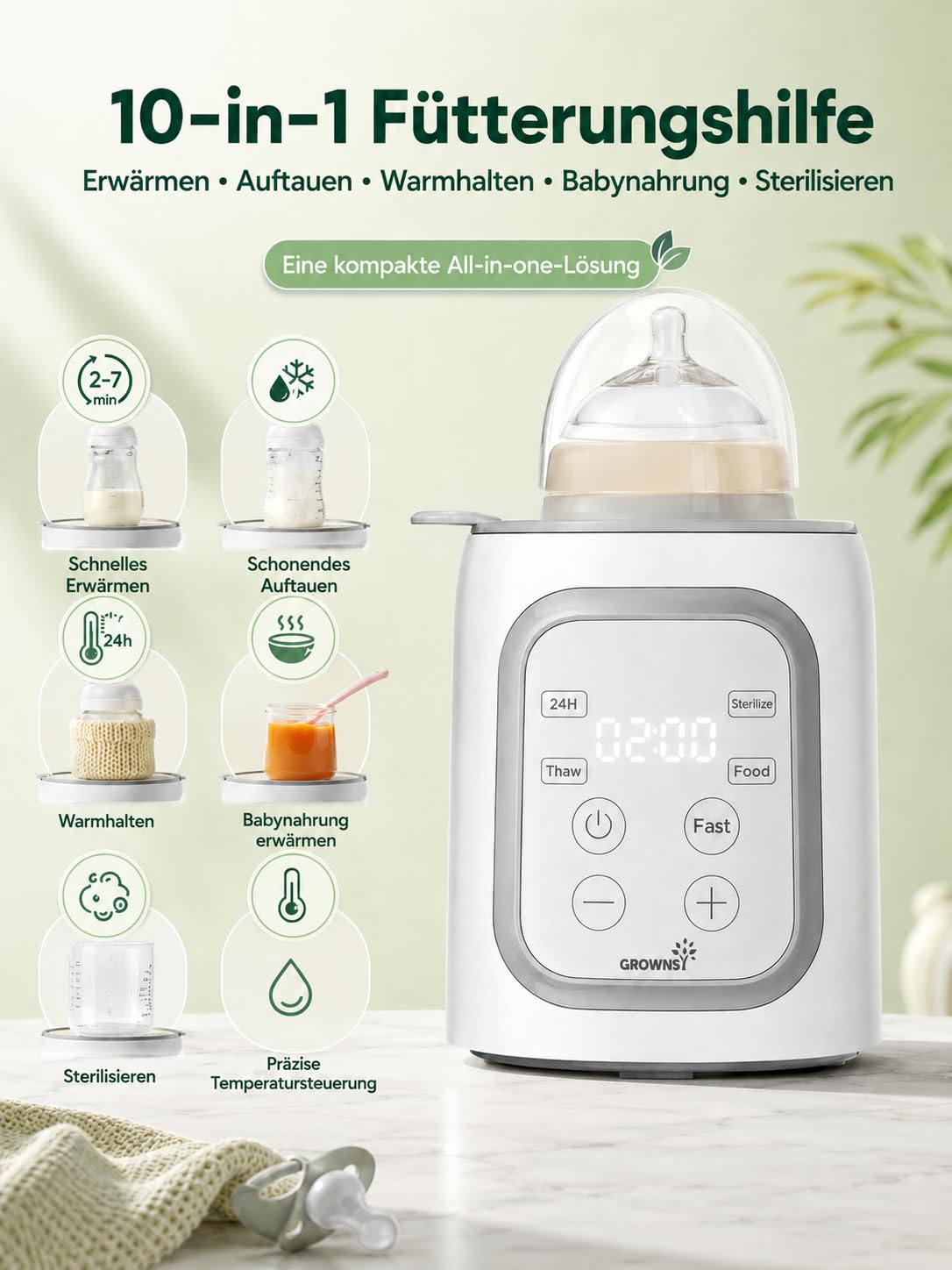Grownsy Flaschenwärmer Baby, 10-in-1 Fläschchenwärmer für alle Flaschen mit Timer, präziser Temperaturkontrolle und automatischer Abschaltung, multifunktionaler Flaschenwärmer für Muttermilch Grey
