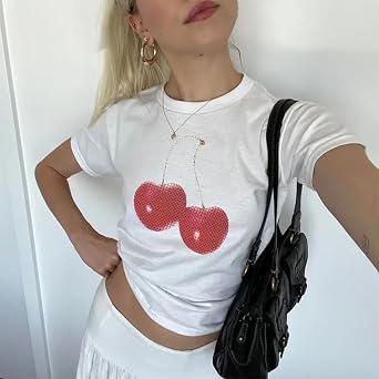 Women's Y2K Baby Tees Short Sleeve E-Girls Cute Graphic Print Crop Tops Retro Vintage Aesthetic T Shirts