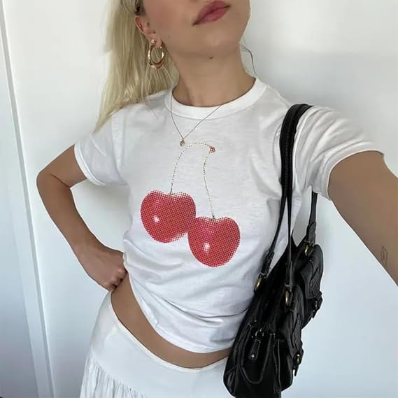 Women's Y2K Baby Tees Short Sleeve E-Girls Cute Graphic Print Crop Tops Retro Vintage Aesthetic T Shirts