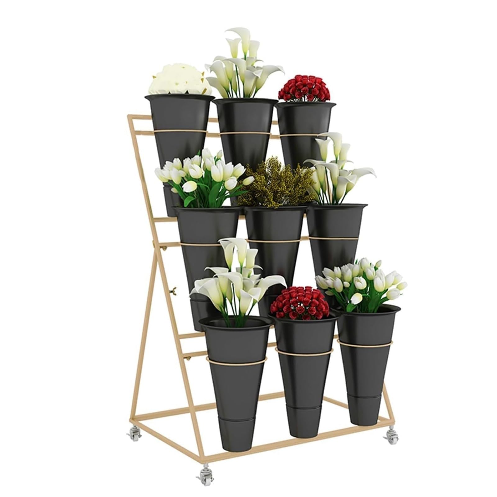 YUANCHUTOP Heavy Duty Metal Flower Display Stand with 9 Buckets, 3-Tier Plant Cart on Wheels for Weddings, Floral Arrangements, Indoor Flower Shops - Stylish Black Finish