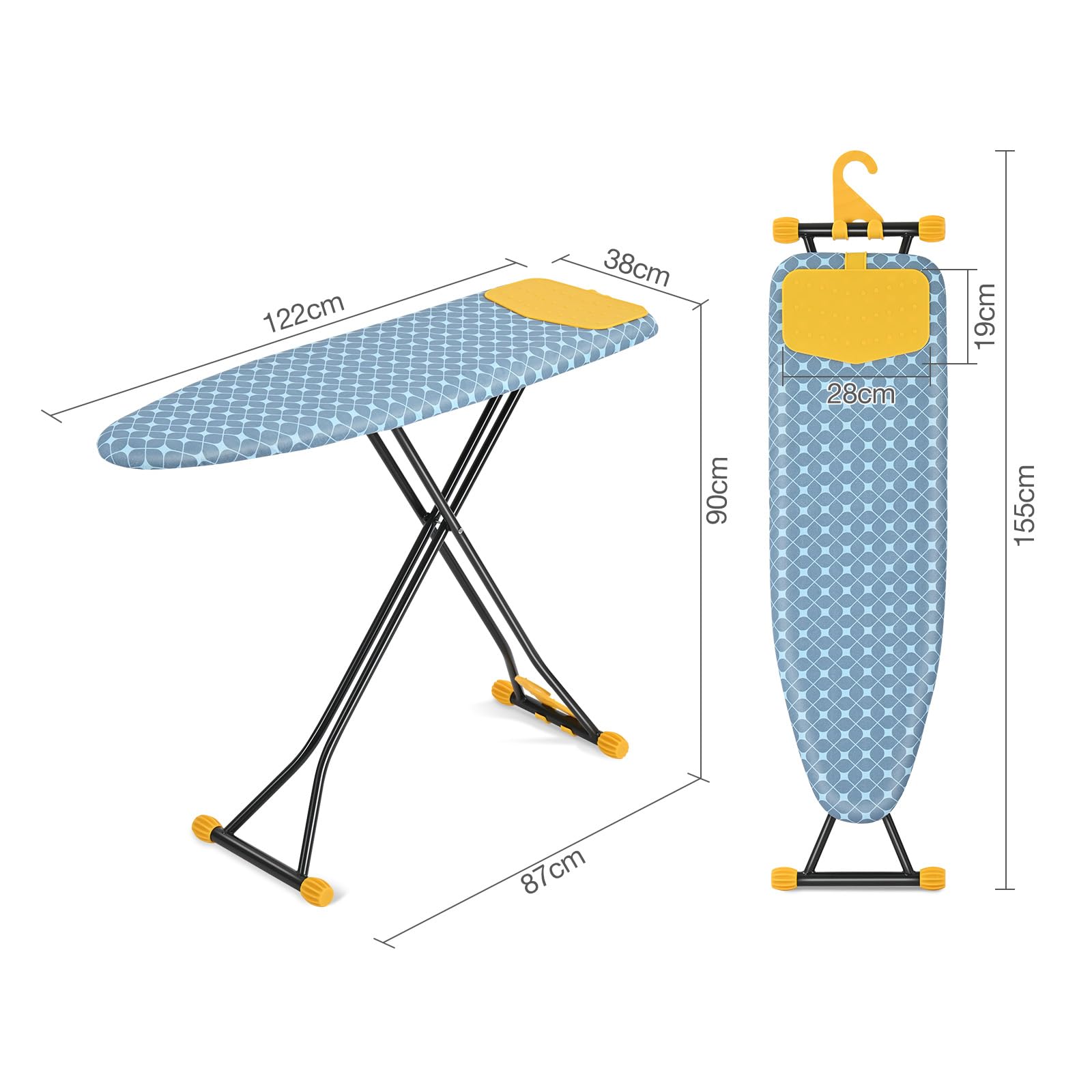 KINGRACK Bügelbrett mit Integriertem, Bügeltisch mit Silikonauflage, Kompaktes und Platzsparendes, Extra Dicke Abdeckung, 7 Höhenverstellbar, Wand- & Schrankaufhängbar – 38x121cm, Gelb
