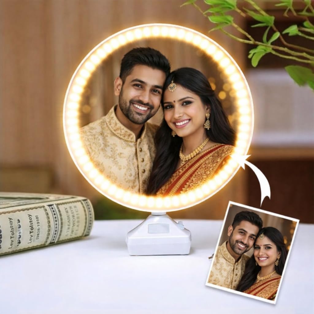 EVOTECH Customized Magic Mirror Photo Frame with LED Light, Personalized Frame for Valentines Day Gifts, Anniversary, Birthday Gift, Tabletop Photo Frame, Night lamp, Photo Lamp, Round-image-20