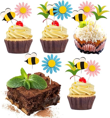 Decoración vintage para cupcakes de girasol para primavera y verano, decoración de pasteles, abejorros, margaritas, decoración de tortas de abejas