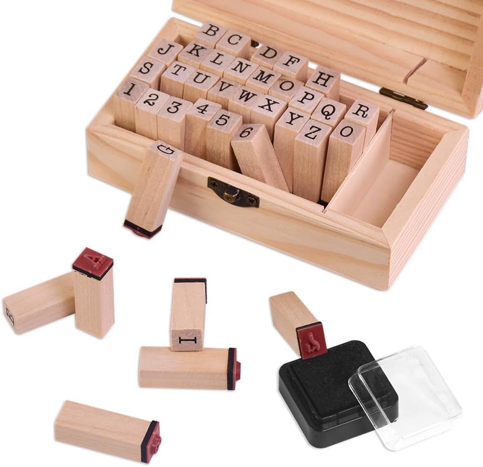 40 Pezzi Set Timbri In Legno Alfabeto Completo Con Tampone – Francobolli Per Scrapbooking, Biglietti E Fai Da Te - 3