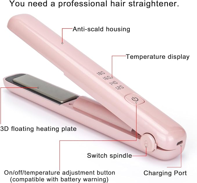 Plancha y rizadora de cabello recargable sin cable rosa miniatura 3