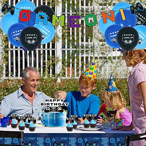 116 Pcs Video Game Birthday Party Decorations For Boys, Gamer Gaming Party Decorations Include Video Game Backdrop Game On Banner Table Cover Cake Toppers Foil Balloons For Birthday Party #TOP5