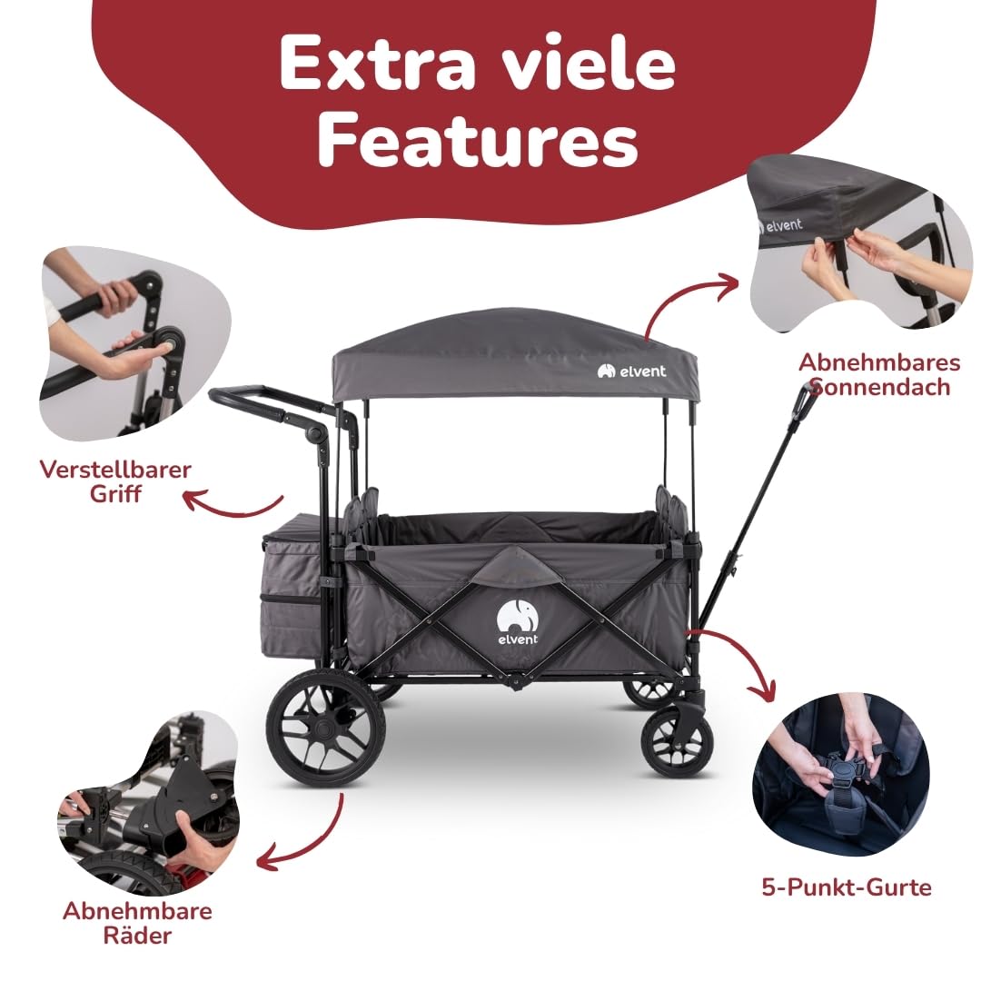 elvent® WagonPro Premium Bollerwagen/Handwagen faltbar mit Dach I 4 Sitzplätze | groß I Sitzpolster, Hecktasche, Off-Road-Reifen, Feststellbremse, 5-Punkt-Gurt I für 4 Kinder (Blau)