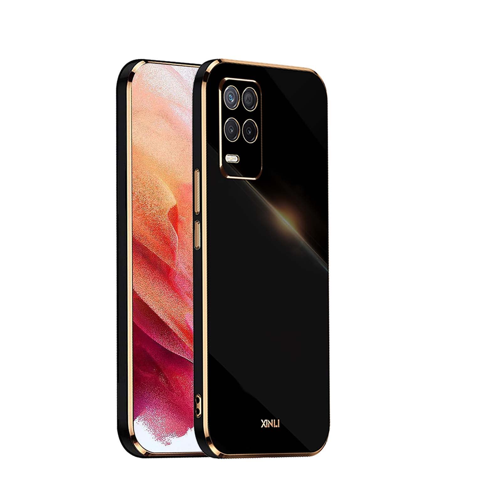 WEIOU Cover Per Realme 8 5G / Realme Narzo 30 5G - Custodia Morbida In TPU Con Bordo Dorato, Antiurto E Antigraffio (Nero)