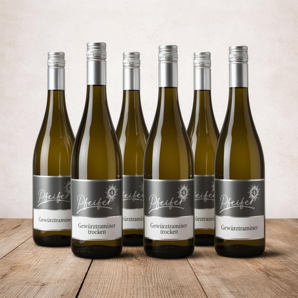 Gewürztraminer Trocken Weißwein 6x 0,75L – Trockener Weißwein Frisch & Aromatisch – Wenig Restsüße (5,4 g/l) – Perfekt zu Fisch, Geflügel & Asiatischer Küche – Eleganter Speisebegleiter