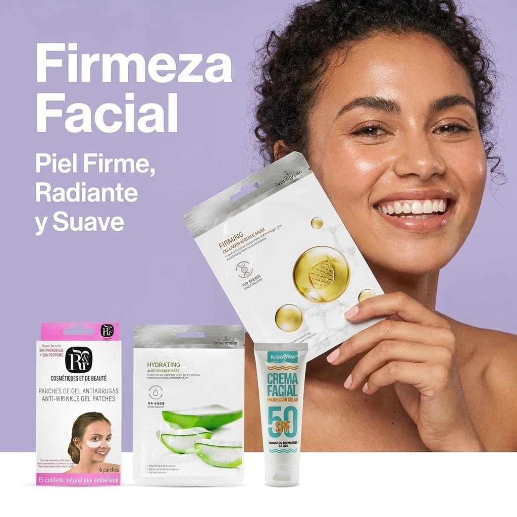 Rose & Rose Kit de Cuidado Facial Completo | Crema Solar Facial SPF 50+ + Mascarilla de Colágeno + Mascarilla de Aloe Vera + Parches de Gel para Ojos | Hidratación, Protección y Revitalización Facial