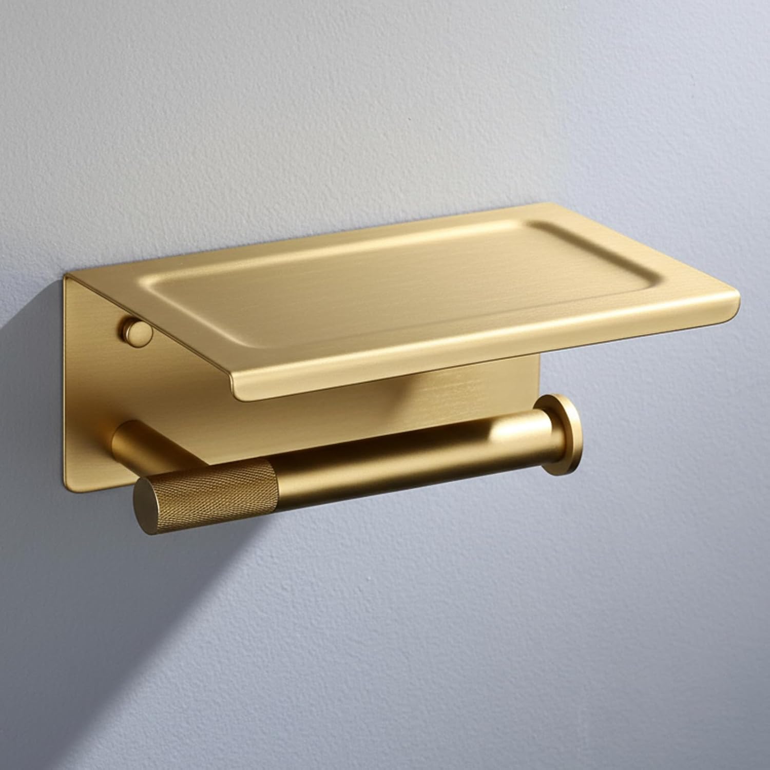 3-Piece Brushed Gold Bathroom Hardware Set, Toilet Paper Holder with Shelf, Towel Ring and Double Robe Hook, Wall Mounted Bathroom Accessories in 304 Stainless Steel with Brass Knurled Accents