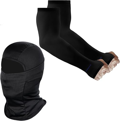 Achiou Pasamontañas con protección UV, mangas de sol, compresión y protección UV, Negro, Blanco