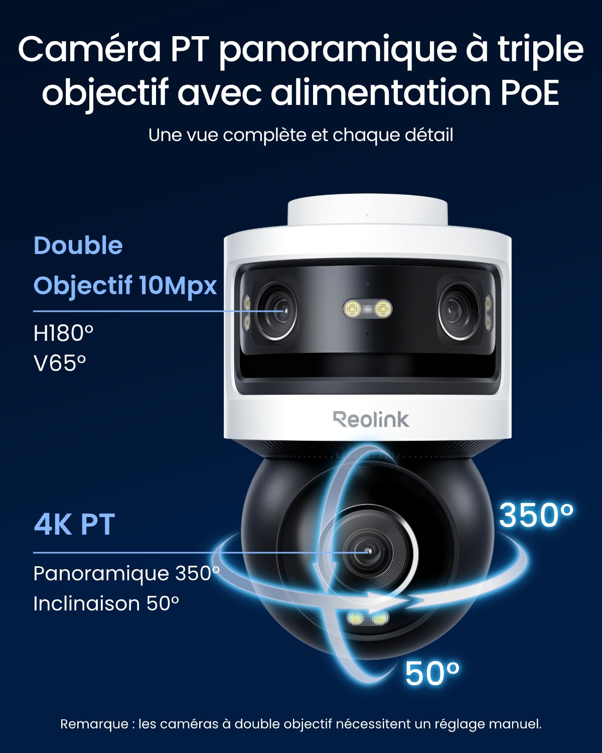 Reolink Camera Exterieur Filaire 10Mpx + 8Mpx à Triple Objectif, Caméra PoE avec Suivi-Synchro, Recherche Vidéo IA, Vision Nocturne Couleur et Infrarouge, Enregistrement 24h/24, OMVI 3i PoE