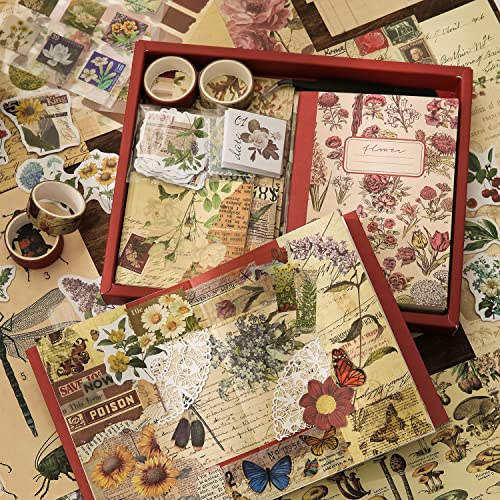 emmoolife Vintage Aesthetic Scrapbooking Supplies Kit, Flowers Botanical Bullet Junk Journal Kit with Journaling Supplies, Tweezers, A6 Grid Notebook,Stationery,Sticker, Birthday Craft Gift for Adult by emmoolife - Image 6