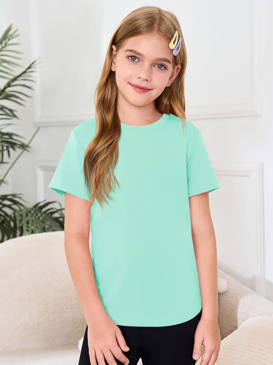 Haloumoning Girls Short Sleeve T Shirts Kids Summer Crewneck Tops Curved Hem Tees 5-14 Years - Image 2