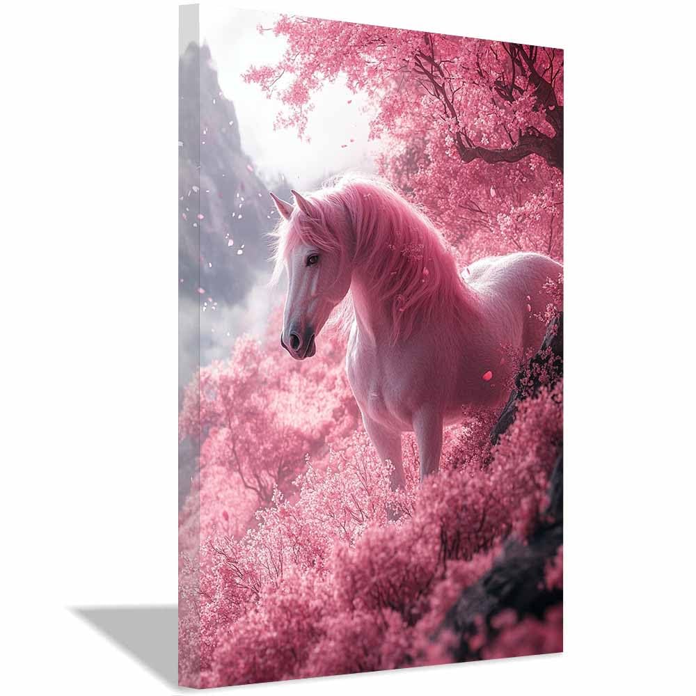 AMXBZC Abstrakcyjne zwierzę Wall Art Pictures Natural Horse Landscape Modern Wall Art Poster for Living Room Home Decor Bathroom Pictures(Pink-60x90cm Framed