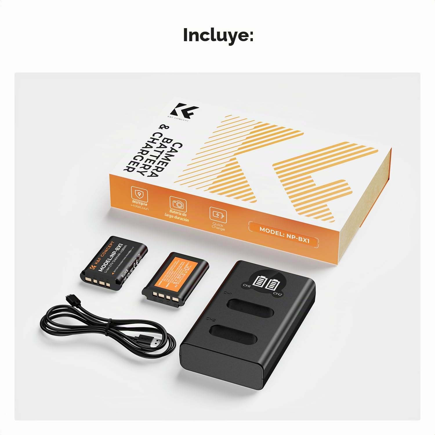 K&F CONCEPT NP-BX1 Batería de Repuesto 2-Pack con Cargador LCD Dual Slot, Compatible con Sony RX100/ HX50 /WX350 /RX1R /HX90/RX100M7/M6/M5/PJ410/AS30