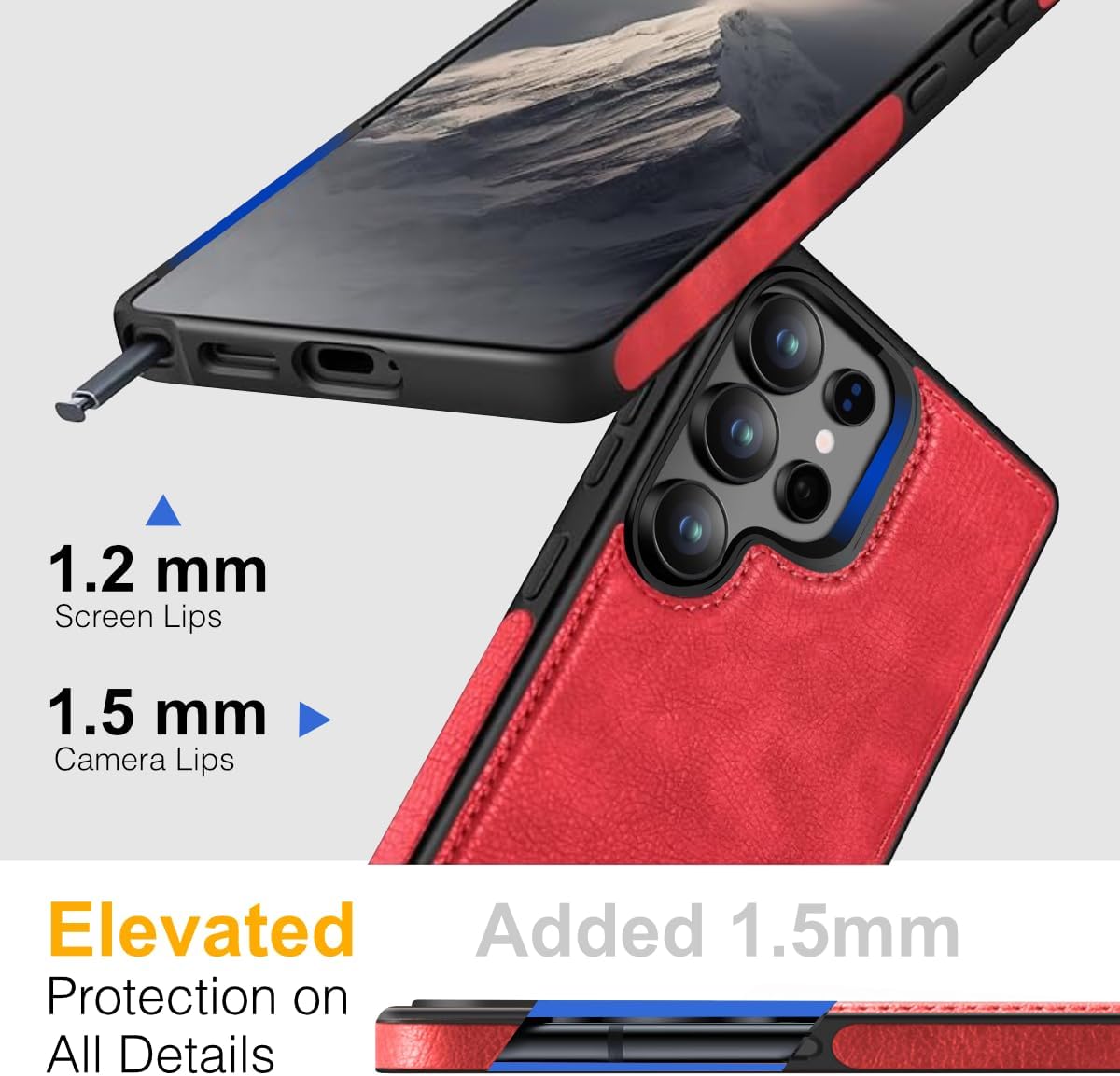 Compatible with Samsung Galaxy S25 Ultra Leather Case, Built-in Invisible Stand Slim Kickstand Case, with Camera Lens and Screen Protector (Red)