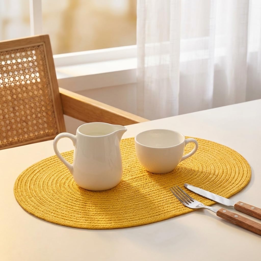 Noctiflorous Woven Oval Braided Placemats Set of 8-12 x 17.5 Inch Washable Non-Slip Heat Resistant Table Mats for Kitchen and Dining（Mustard Yellow, 8）