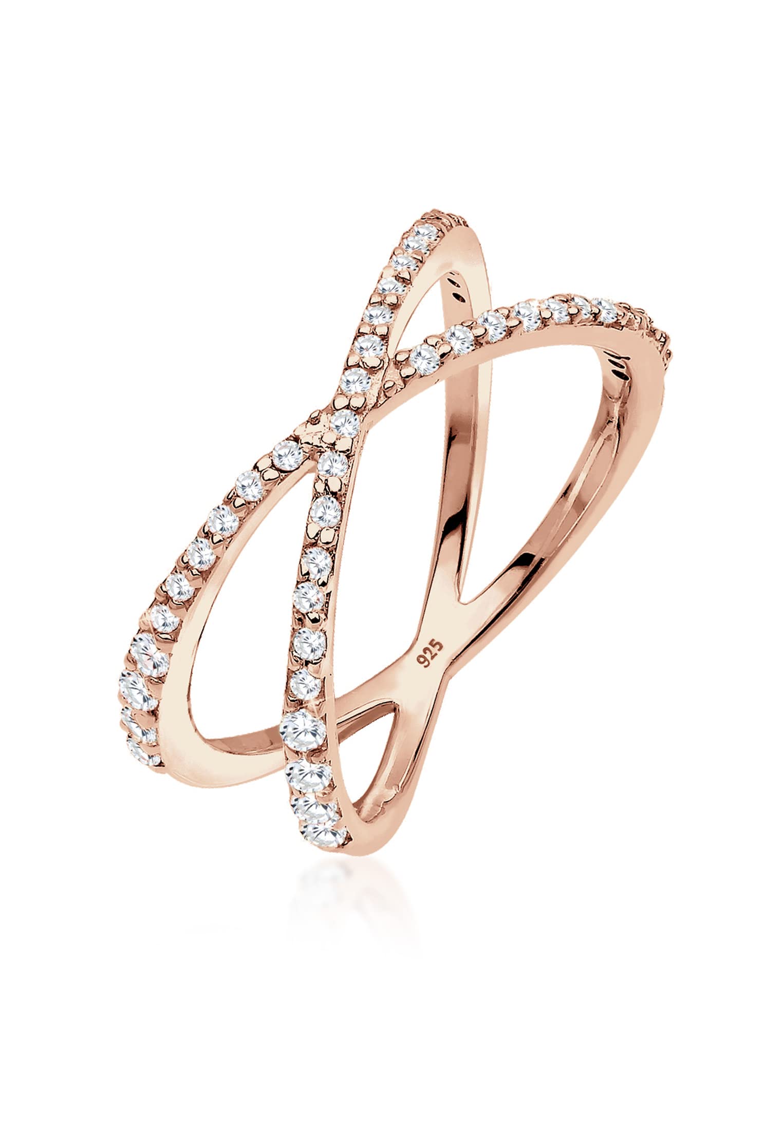 Elli Women's 925 Sterling Silver Rose Gold Plated Xilion Cut Zircon Crossed Ring, Size P
