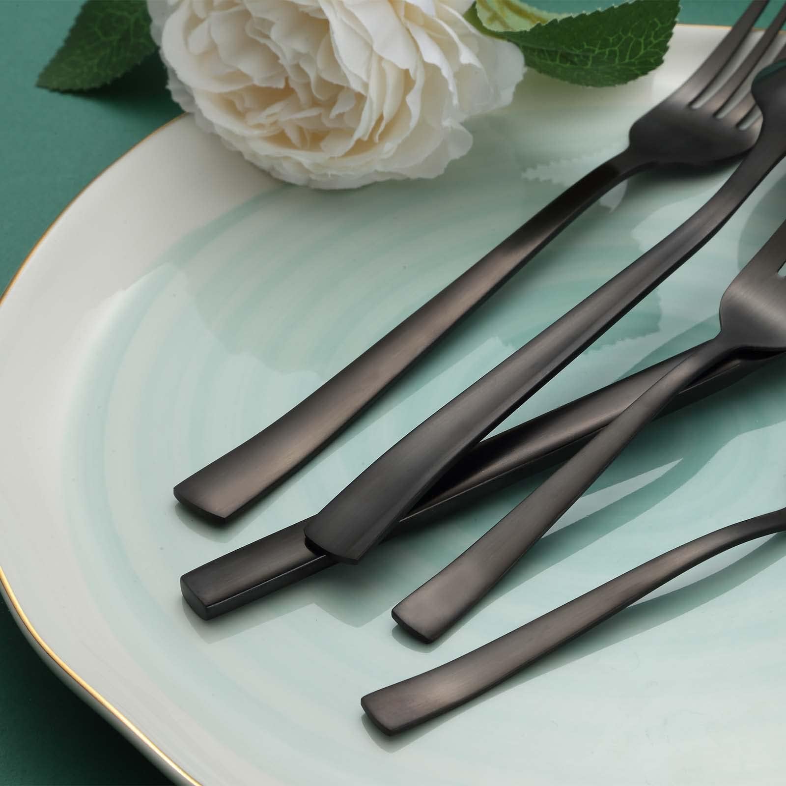 BEWOS 30 pièces Couverts pour 6 personnes, Set d'argent noir en acier inoxydable, Set de couverts noir mat avec couteaux, fourchettes et cuillères, poignée ergonomique