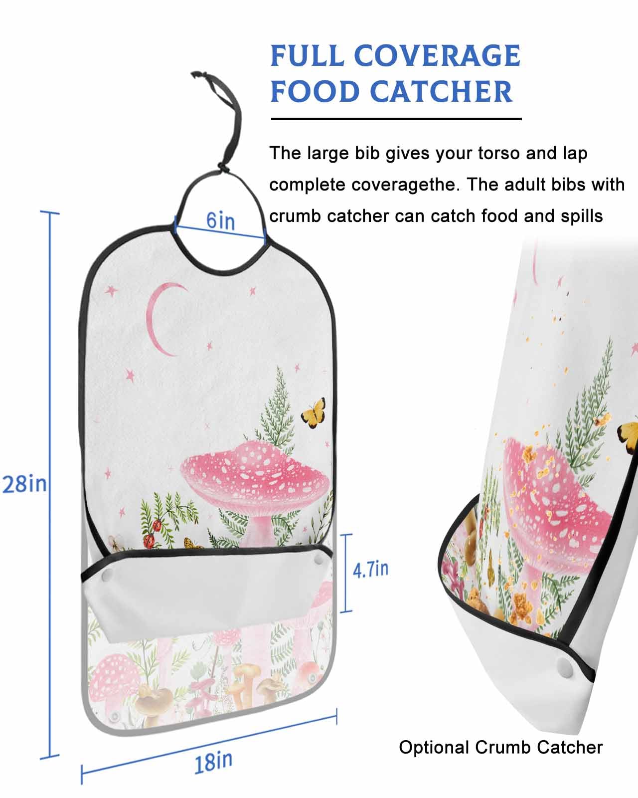 LEOKOTI Pink Mushroom Adult Bibs for Eating, Waterproof Bibs with Food Catcher & Adjustable Snap Closure, Pastoral Spring Summer Botanical Washable Clothing Protectors Adult Bibs for Elderly Women/Men