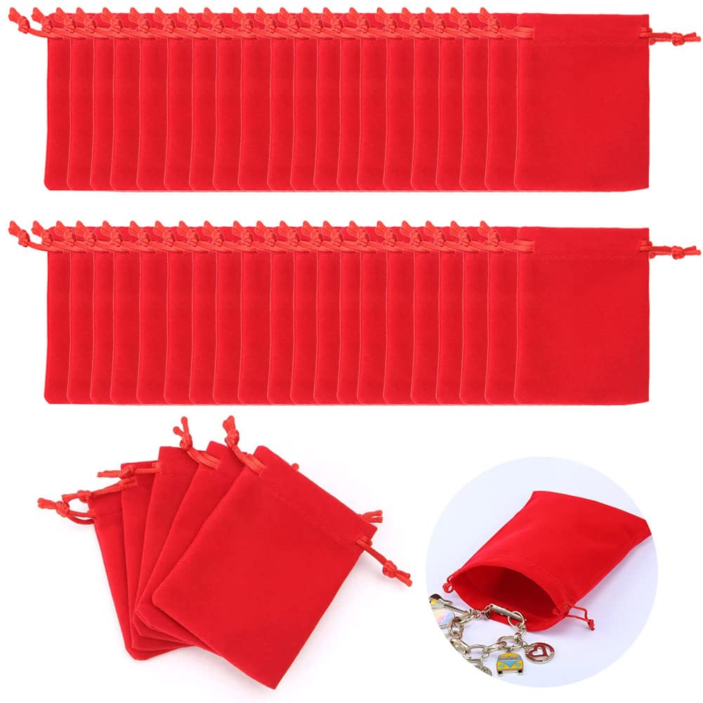AKOAK 50 Pcs 7 x 9cm Velvet Drawstring Bag, Small Jewelry Gift Display Packaging Bag, Candy Gift Bag, Party Holiday Christmas/Wedding Gift Bag, Red