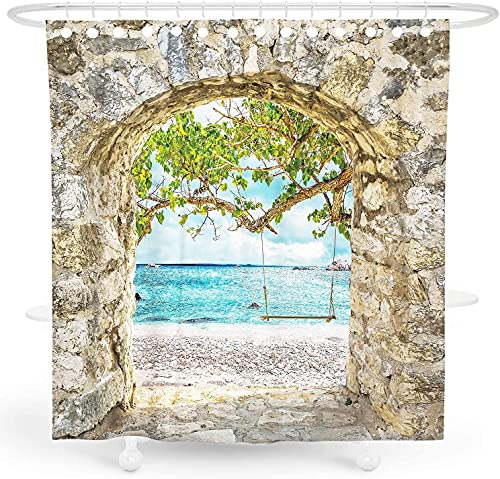 JIANGLANY Stone Wall Gate Lead to Beach 3D Image Shower Curtain for Garden Seaside Blue Sea Sky White Clouds 3D Shower Curtain Tropical Summer Bathroom Decor Fabric with Hook 80X 80 inches Blue White